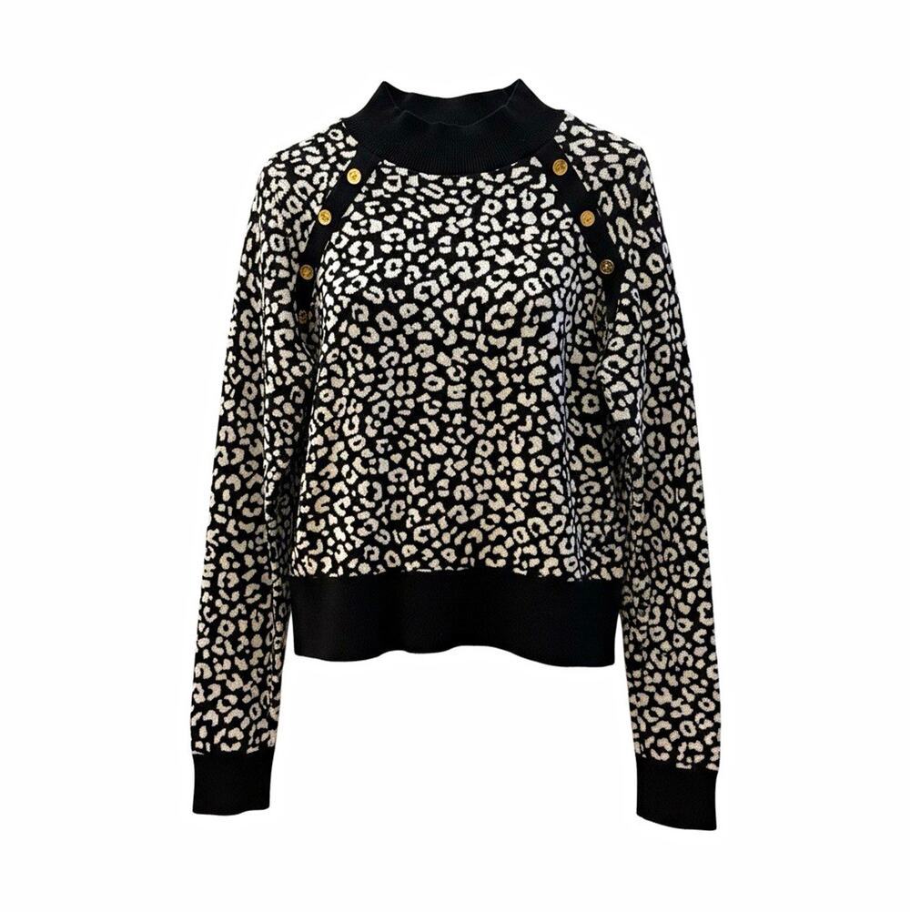 Michael Kors Women's L Black & White Leopard Mock Neck Button Shoulder Sweater